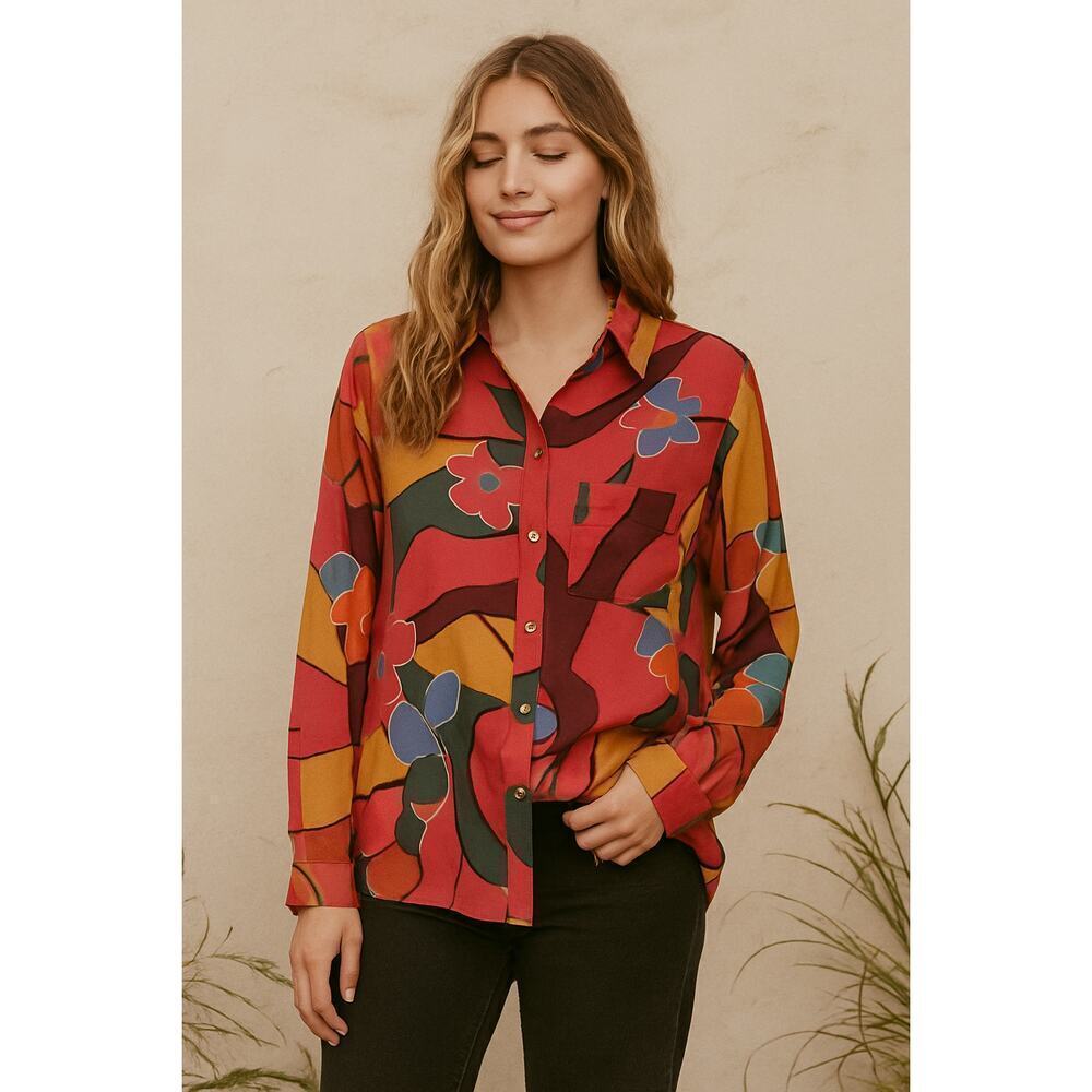 New Easel Abstract Floral Button Down Tunic Blouse Size S Multicolor
